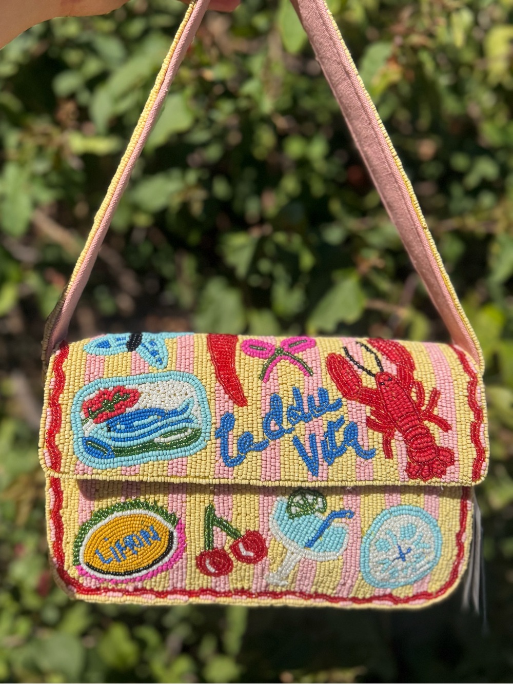 NWT America and & Beyond La Dolce Vita Sardine Lobster Striped Beaded Bag